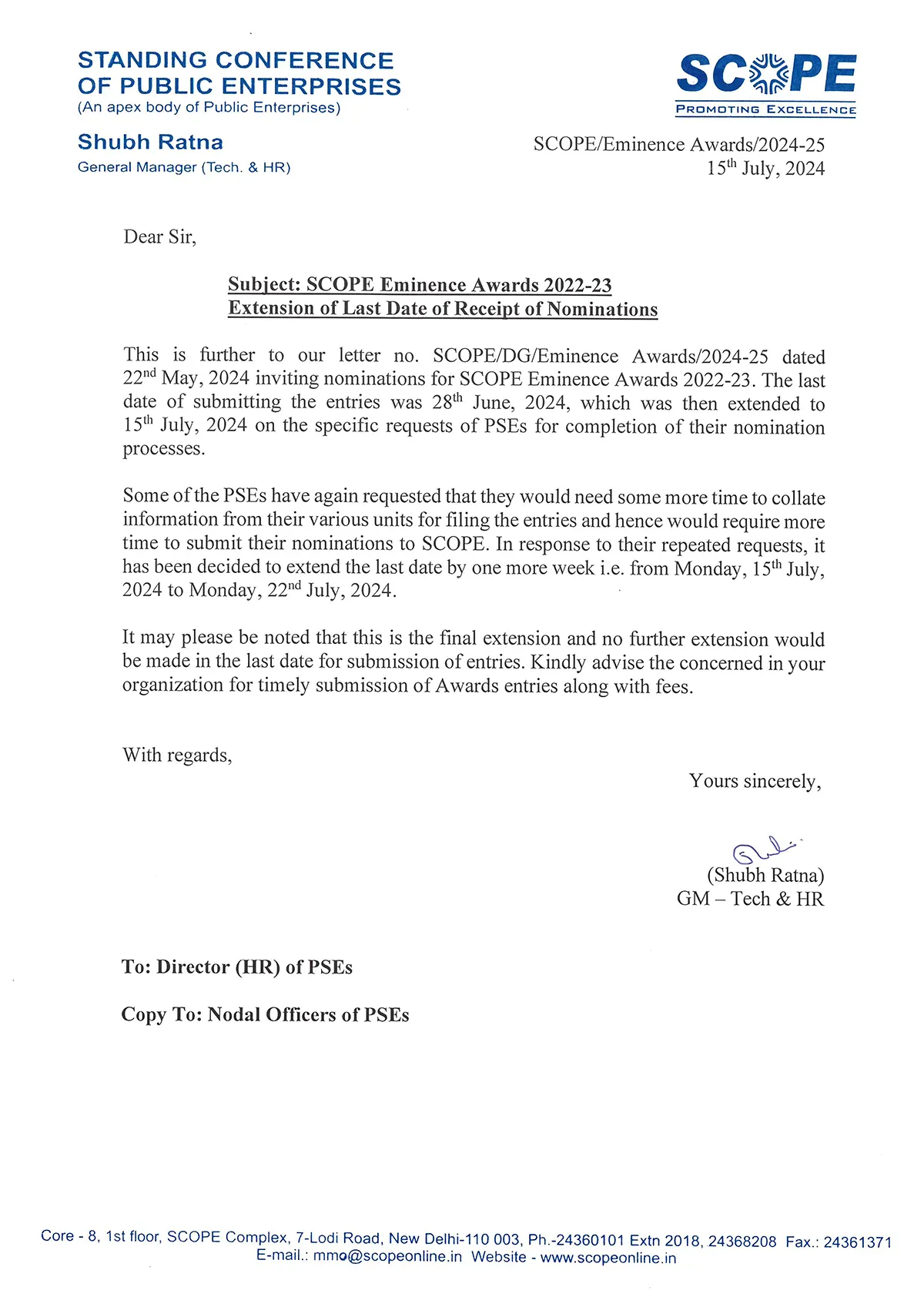 Letter for extension of last date - SCOPE Eminence Awards 2022-23